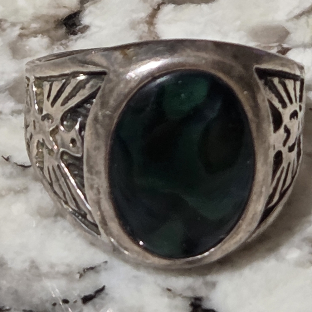 Native American Men's Sterling Silver Ring with Dark Green Stone